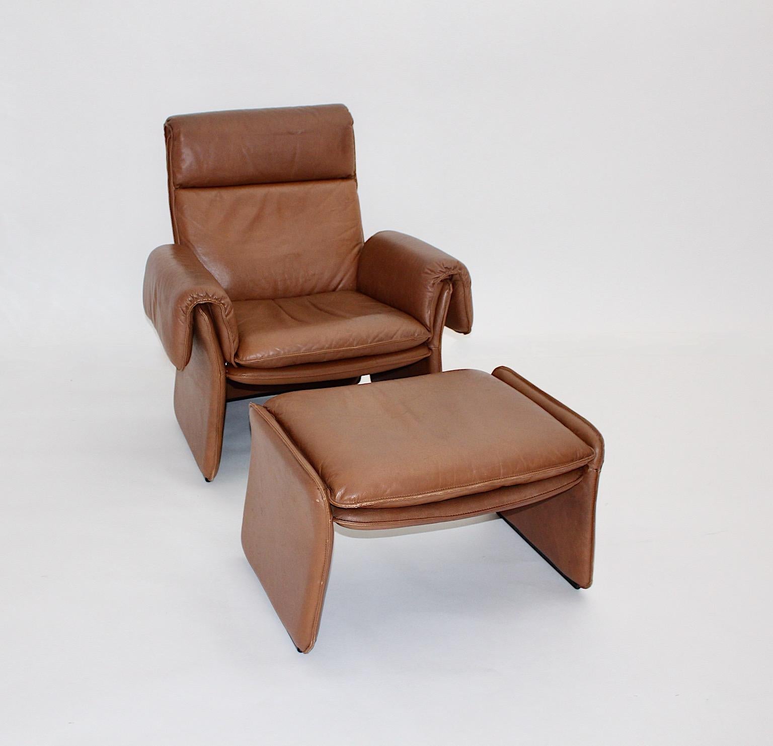 Italian Mid-Century Modern Vintage Brown Leather Two Lounge Chairs and Ottoman 1960 For Sale