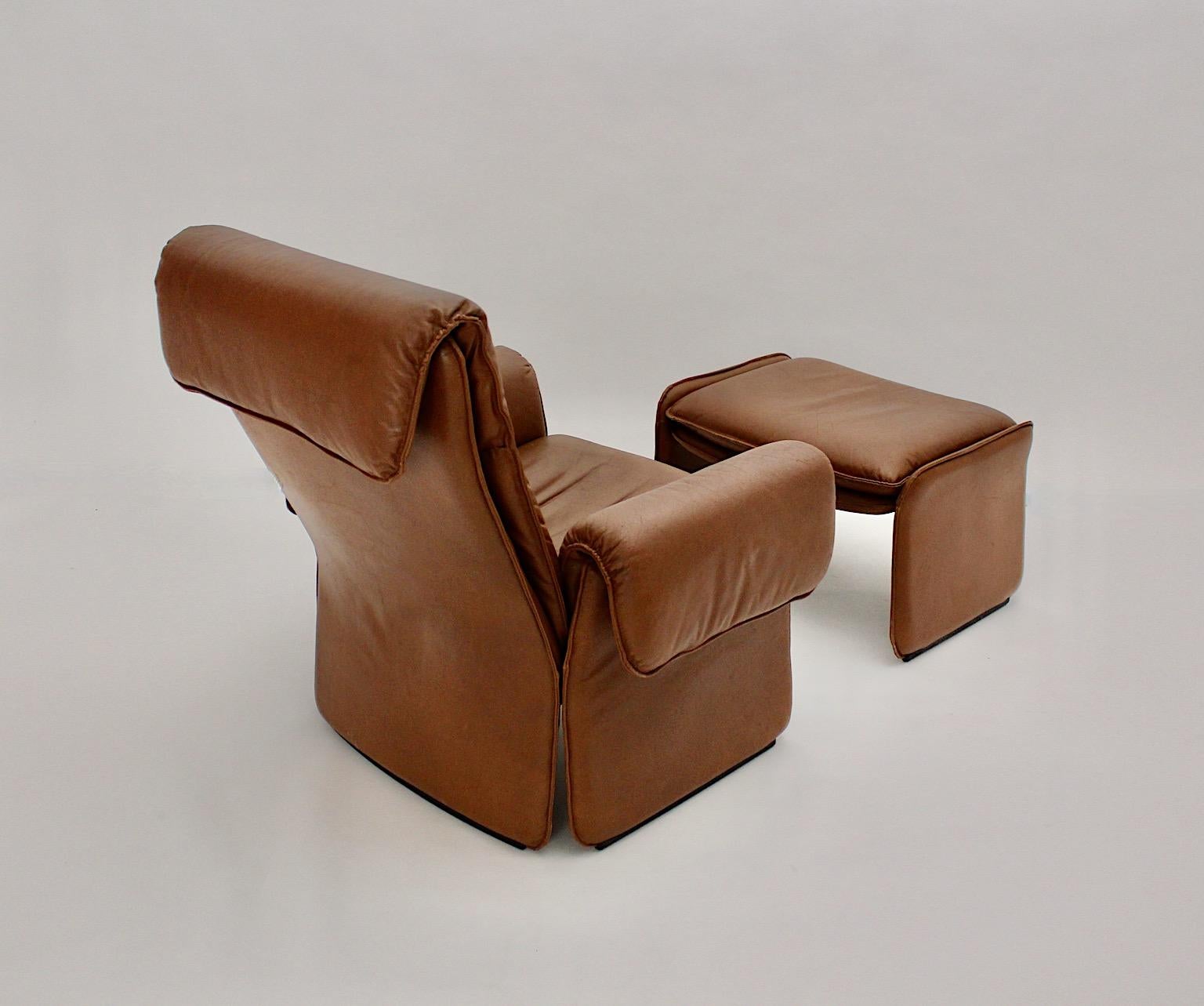 20th Century Mid-Century Modern Vintage Brown Leather Two Lounge Chairs and Ottoman 1960 For Sale