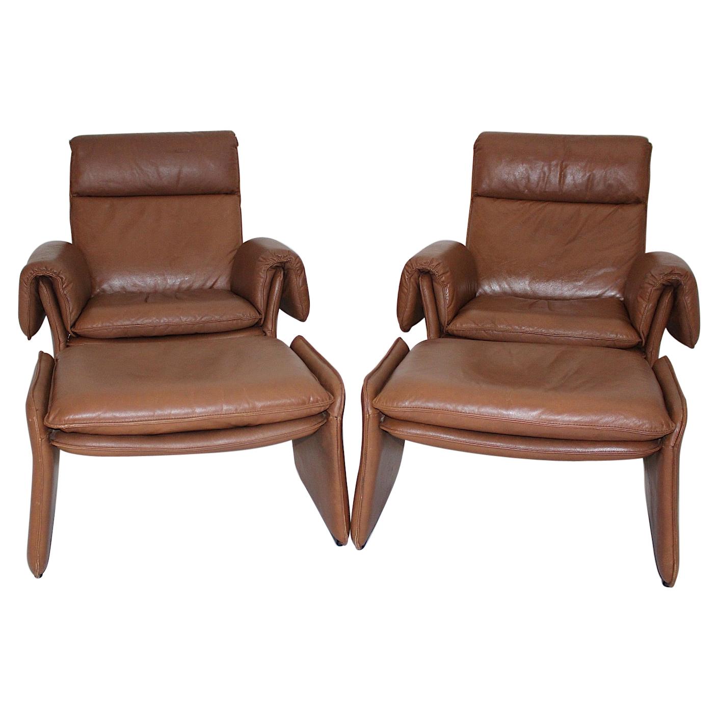 Mid-Century Modern Vintage Brown Leather Two Lounge Chairs and Ottoman 1960