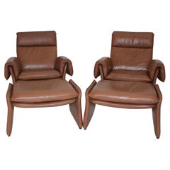 Mid-Century Modern Retro Brown Leather Two Lounge Chairs and Ottoman 1960