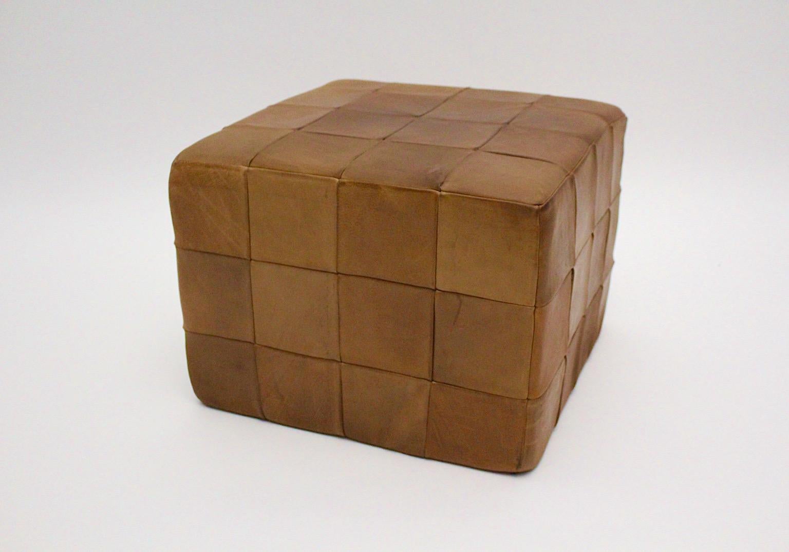 Modernist Organic Vintage Brown Patchwork Leather Cubus Stool DeSede 1970s For Sale 3