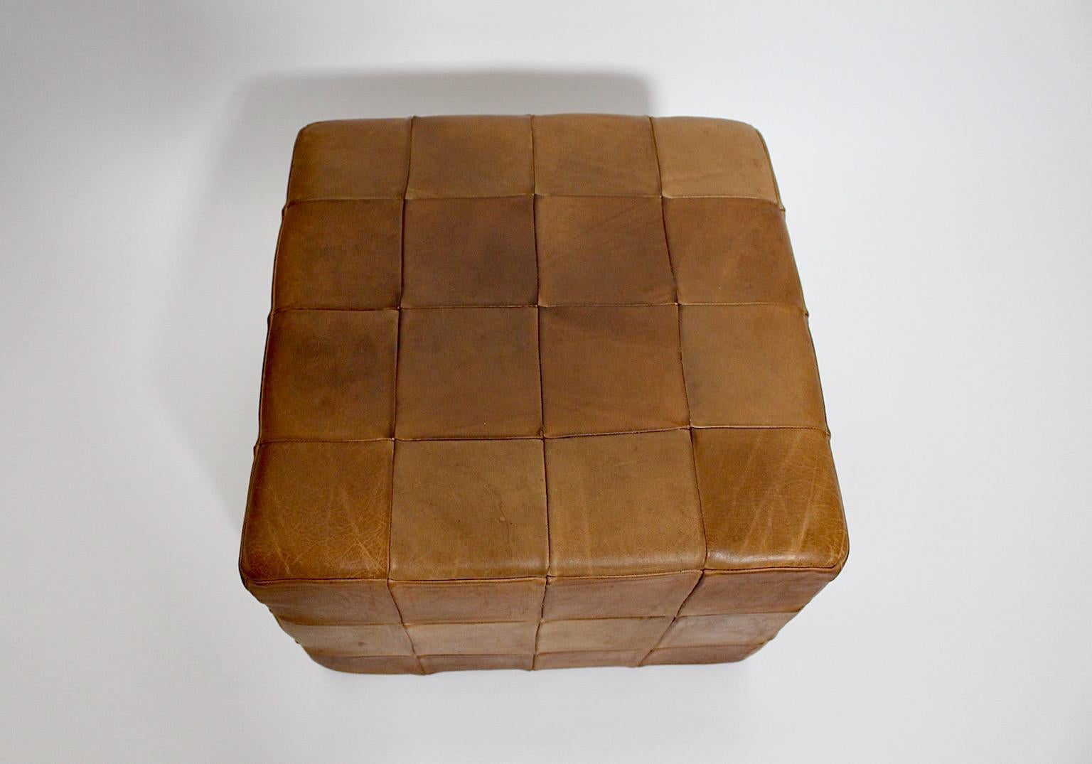 Modernist Organic Vintage Brown Patchwork Leather Cubus Stool DeSede 1970s For Sale 5
