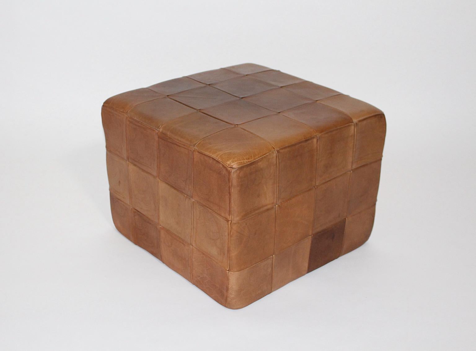 Modernist Organic Vintage Brown Patchwork Leather Cubus Stool DeSede 1970s For Sale 13