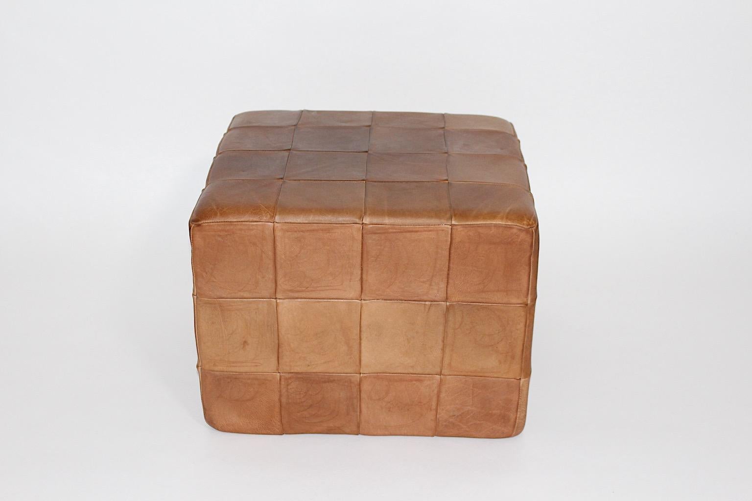 Mid-Century Modern Modernist Organic Vintage Brown Patchwork Leather Cubus Stool DeSede 1970s For Sale