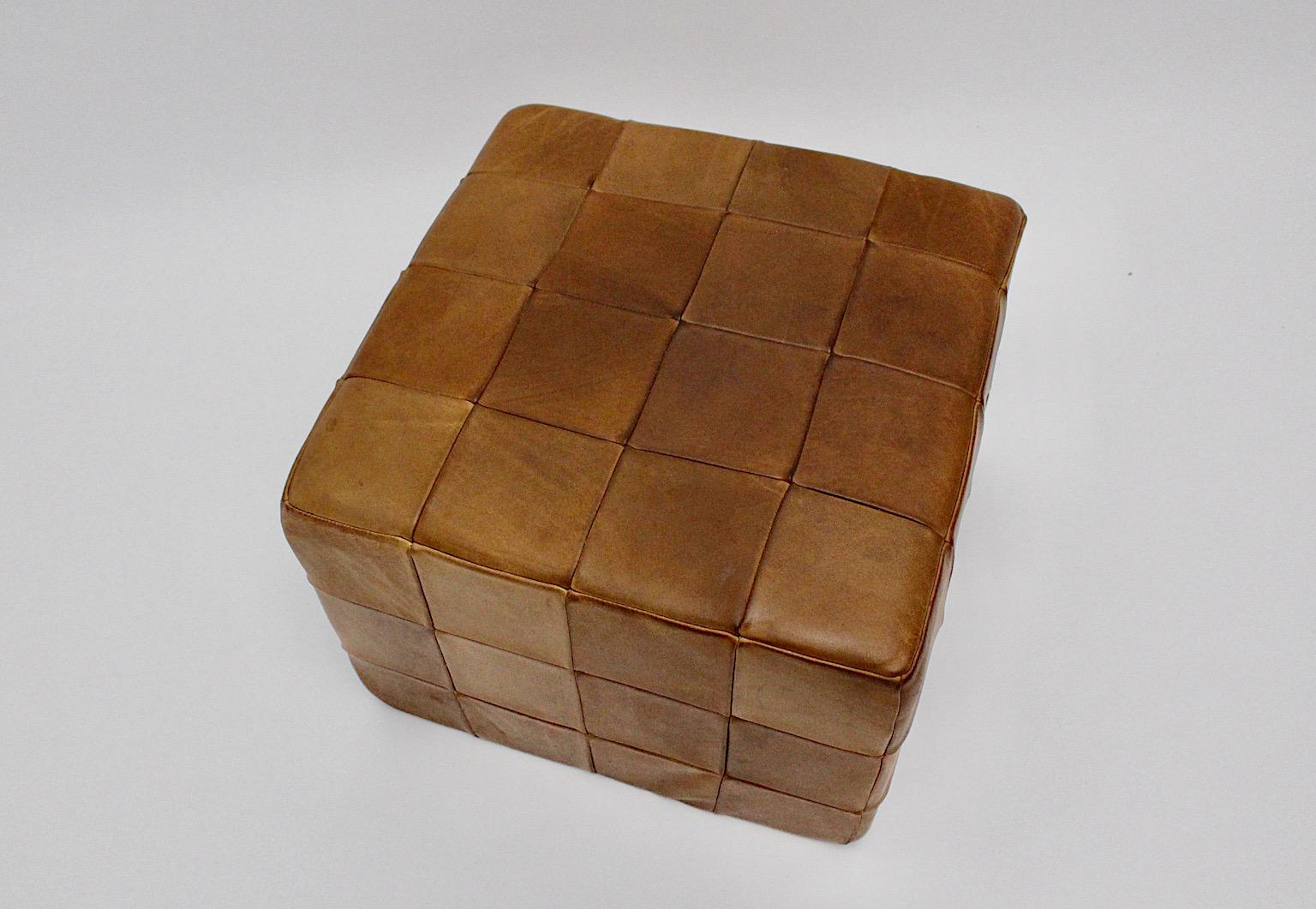 Late 20th Century Modernist Organic Vintage Brown Patchwork Leather Cubus Stool DeSede 1970s For Sale