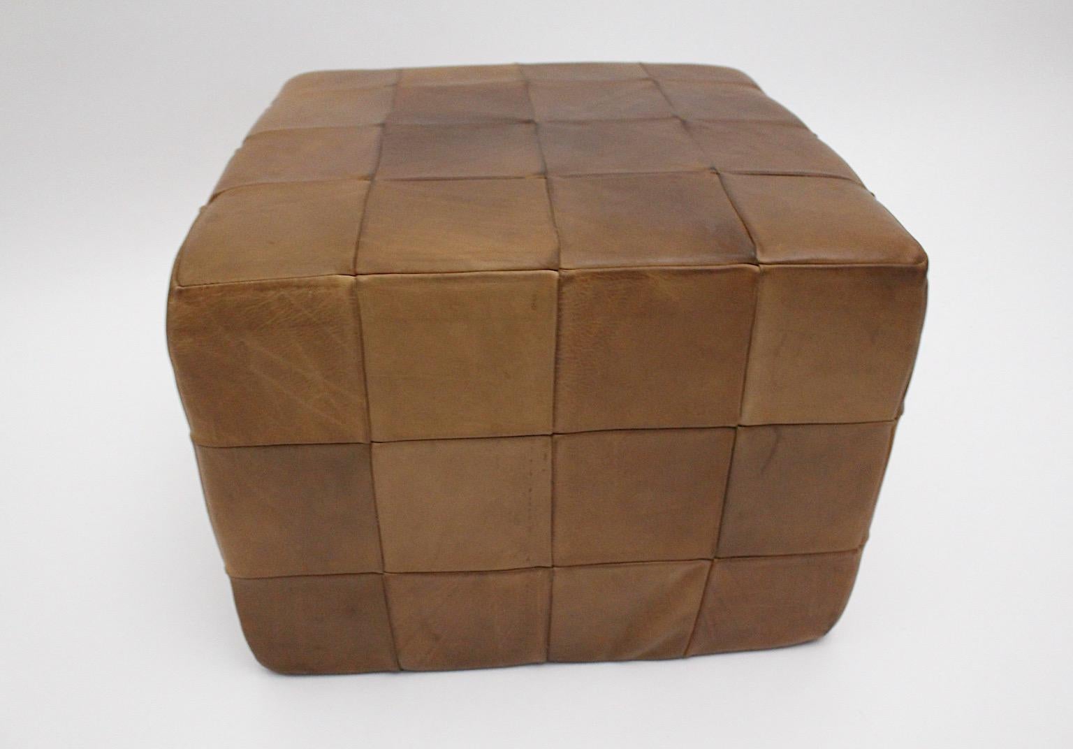 Modernist Organic Vintage Brown Patchwork Leather Cubus Stool DeSede 1970s For Sale 1