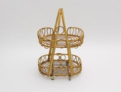 Mid-Century Modern Vintage Rattan Bamboo Bar Cart Serving Trolley 1950s Italy