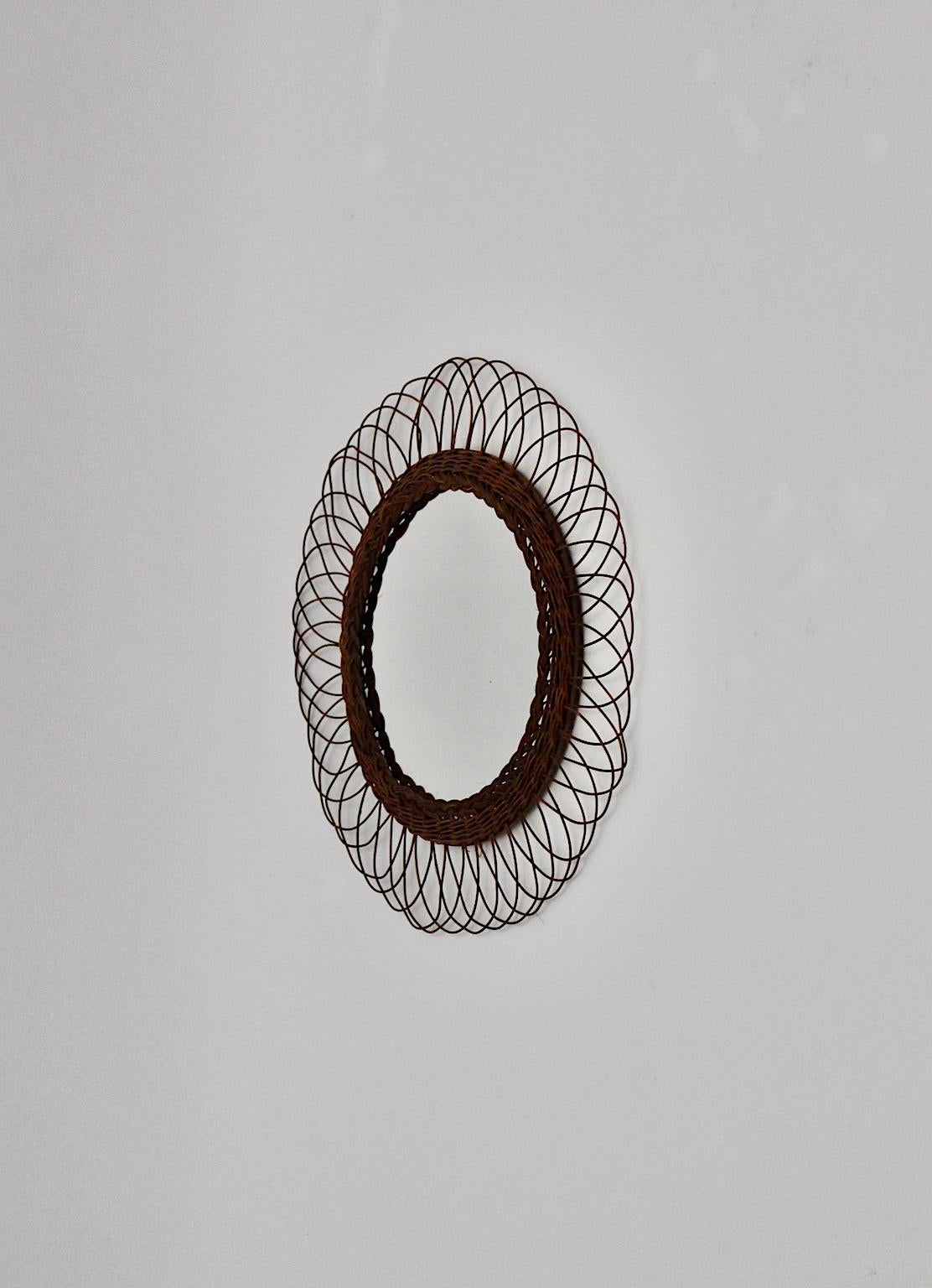 Austrian Mid-Century Modern Vintage Brown Willow Circular Sunburst Wall Mirror, 1960s For Sale