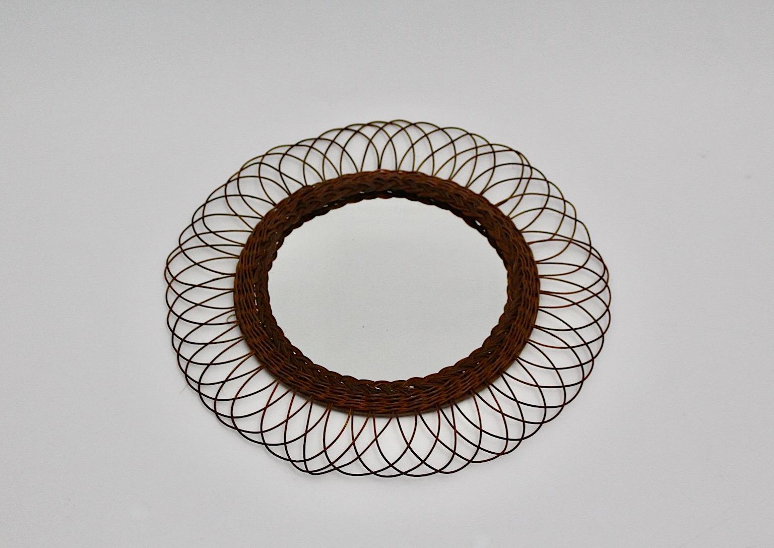 20th Century Mid-Century Modern Vintage Brown Willow Circular Sunburst Wall Mirror, 1960s For Sale