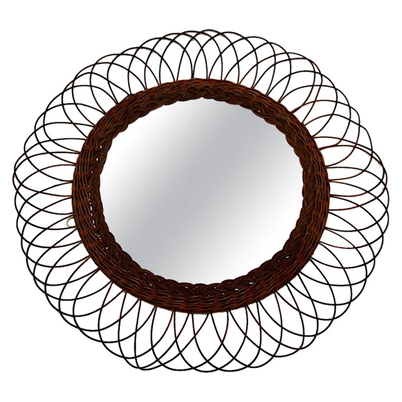 Mid-Century Modern Vintage Brown Willow Circular Sunburst Wall Mirror, 1960s