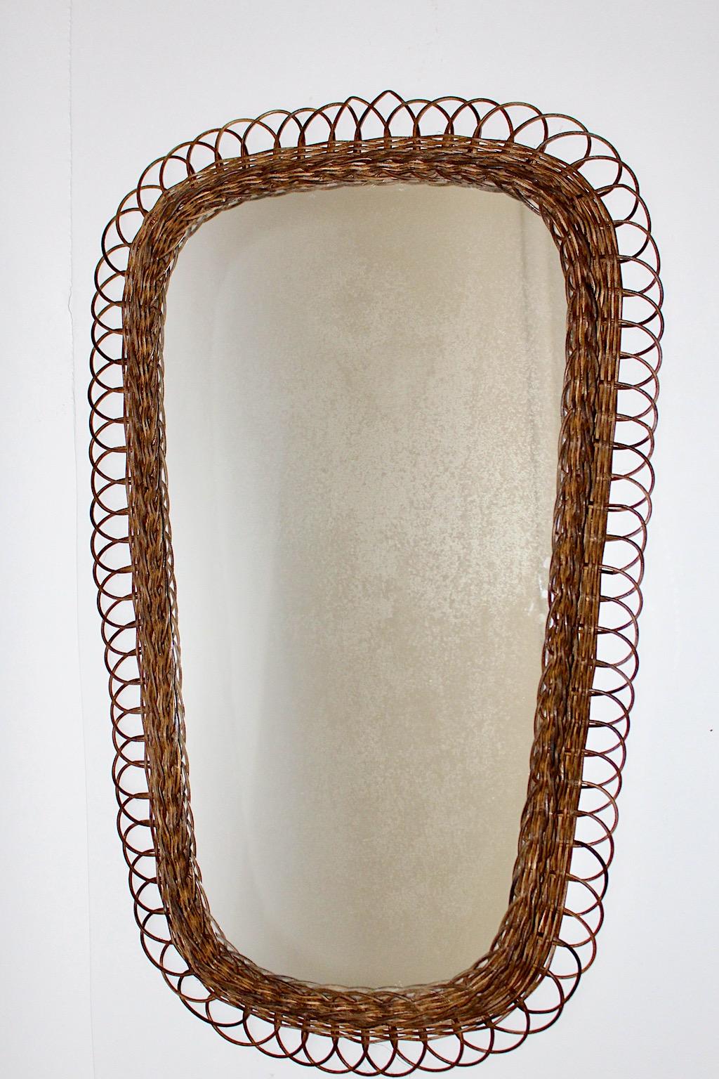 Mid Century Modern Vintage Brown Willow Oval Wall Mirror 1960s Germany In Good Condition For Sale In Vienna, AT