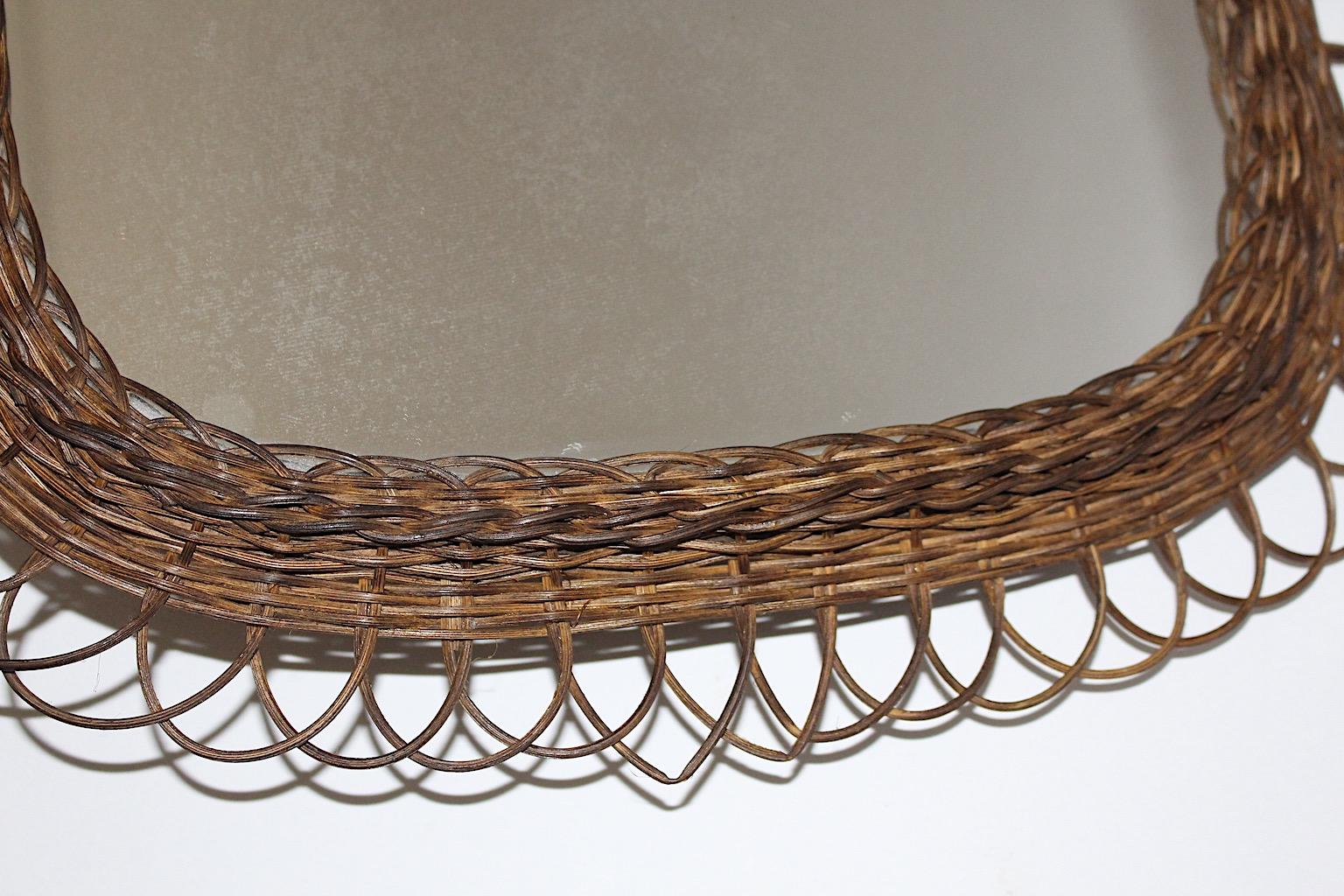 Mid Century Modern Vintage Brown Willow Oval Wall Mirror 1960s Germany For Sale 2