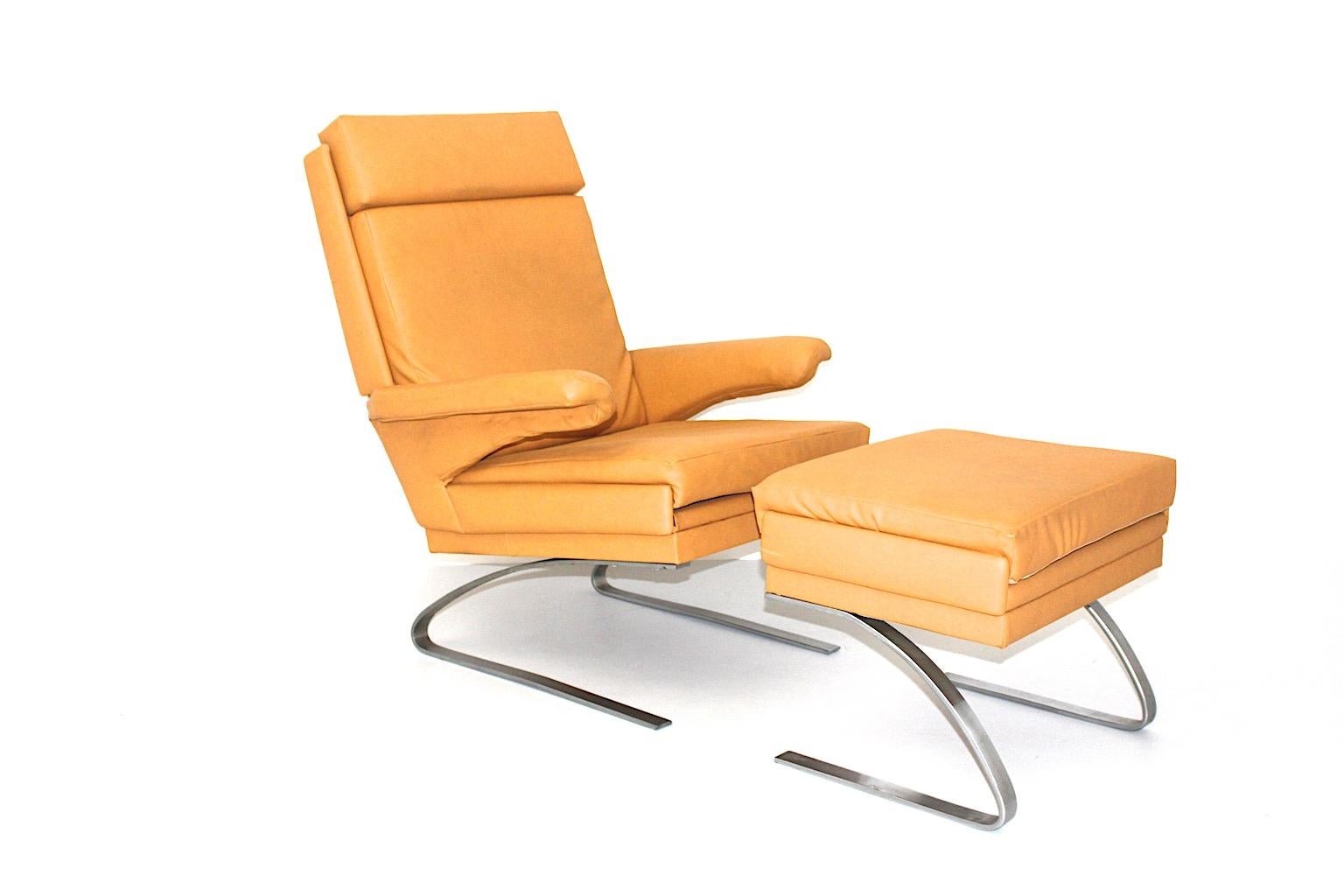 Mid Century Modern Vintage freestanding armchair with ottoman in caramel color from metal and faux leather designed by Reinhold Adolf for Cor, 1968 Germany.
A wonderful minimalistic armchair with ottoman with a slight swinging function from metal