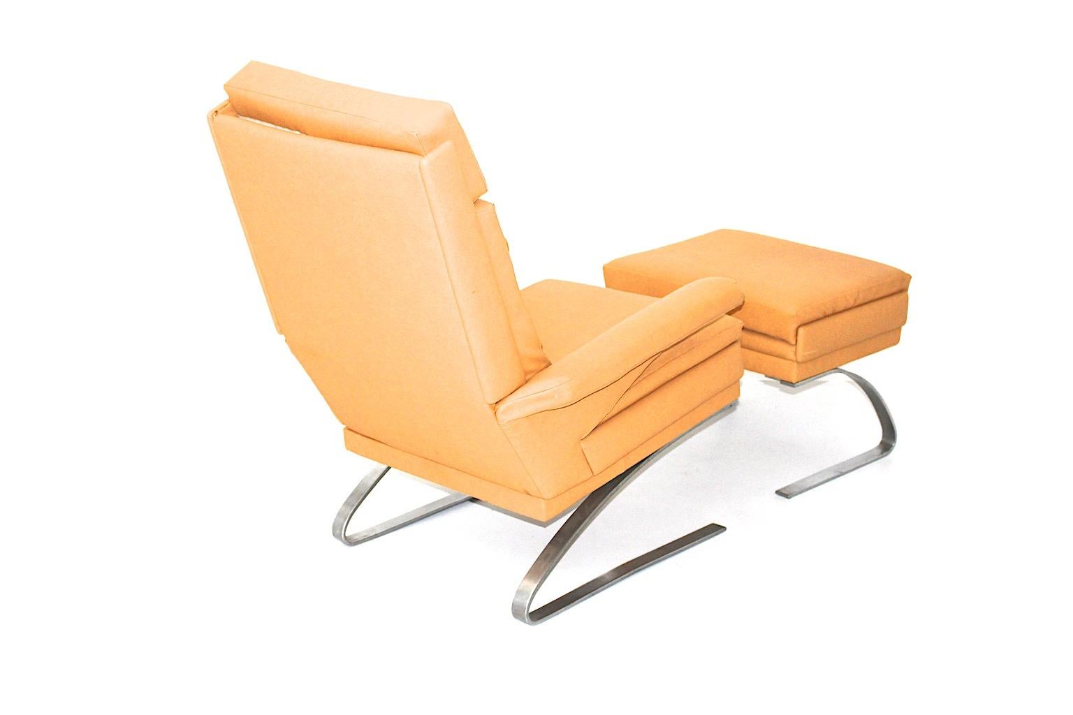 German Mid Century Modern Vintage Caramel Faux Leather Lounge Chair with Ottoman 1968 For Sale
