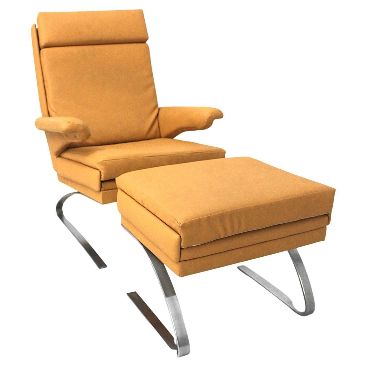 Mid Century Modern Vintage Caramel Faux Leather Lounge Chair with Ottoman 1968