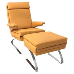 Mid Century Modern Vintage Caramel Faux Leather Lounge Chair with Ottoman 1968