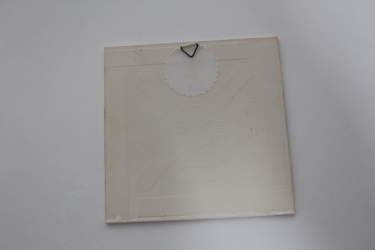Mid-20th Century Mid-Century Modern Vintage Ceramic Pottery Tile Libra Gold White 1960s Germany For Sale