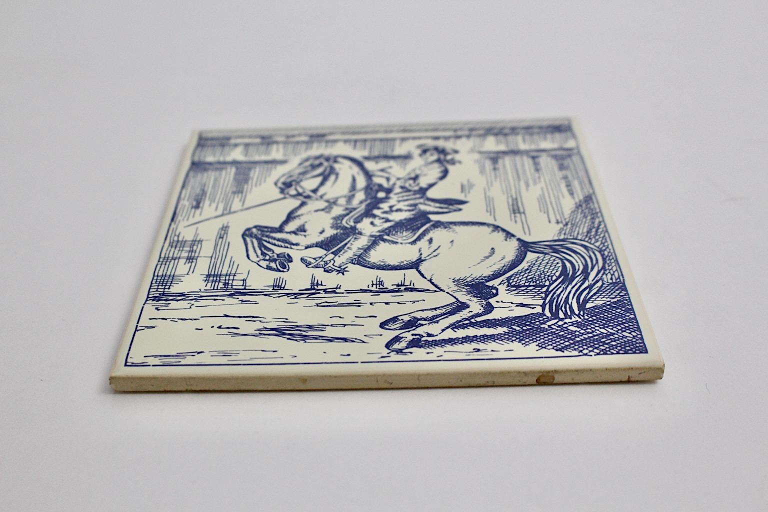 Mid-Century Modern Vintage Ceramic Tile Blue and White Cavalier, 1960s, Austria In Good Condition For Sale In Vienna, AT