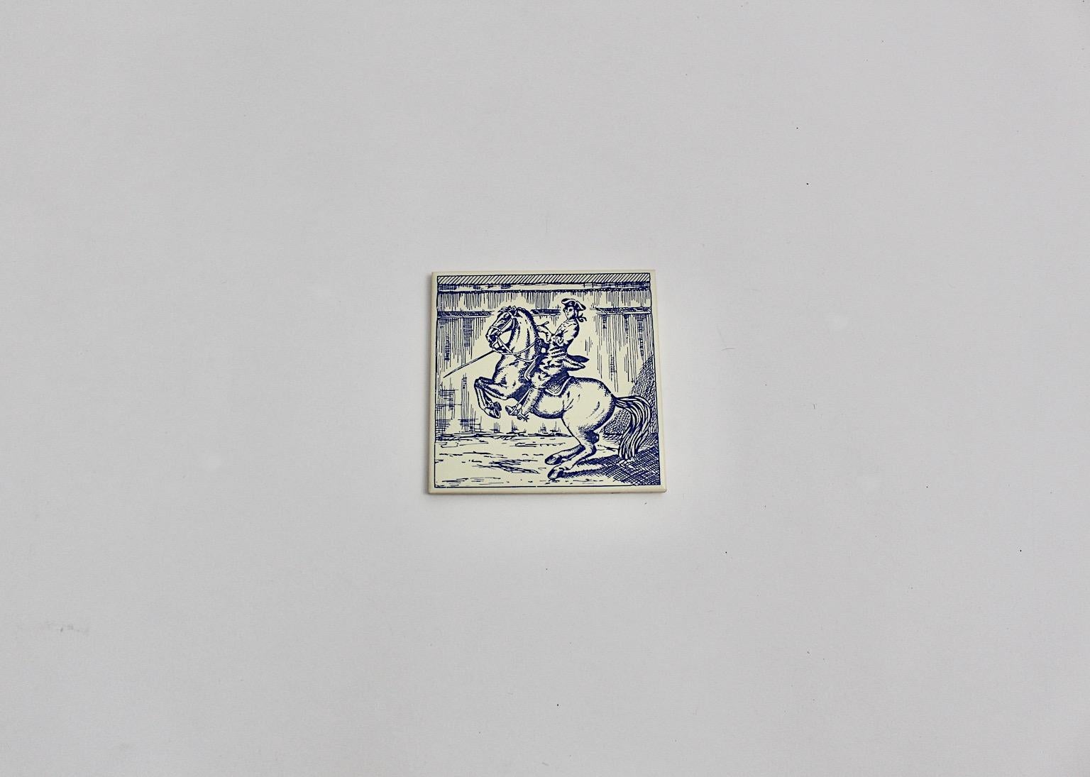 Mid-Century Modern Vintage Ceramic Tile Blue and White Cavalier, 1960s, Austria For Sale 1