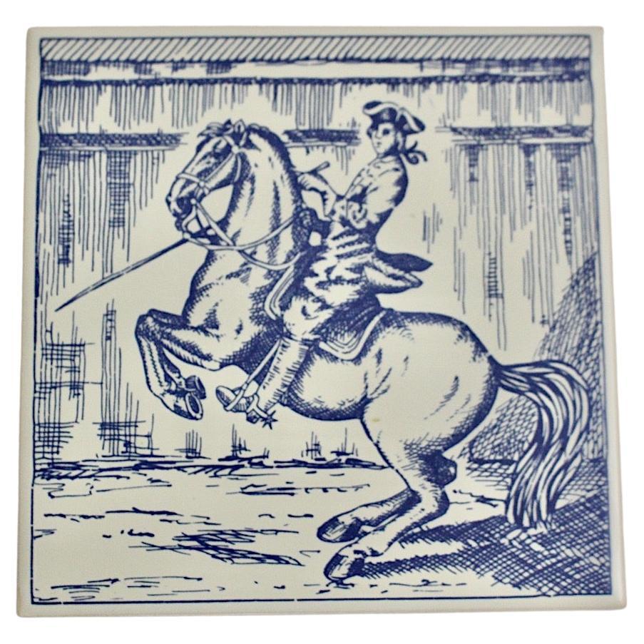 Mid-Century Modern Vintage Ceramic Tile Blue and White Cavalier, 1960s, Austria For Sale