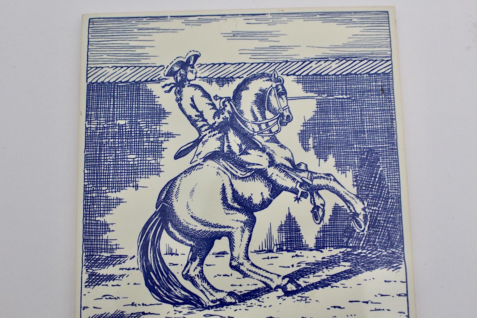 Mid-Century Modern Vintage ceramic tile in blue and white colors 1960s Austria.
A wonderful ceramic tile with motif Baroque cavalier on horseback in pastel blue and white color tones 1960s Austria.
Labeled on the backside made in Austria
Easy to