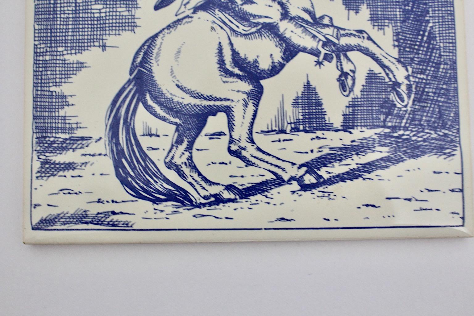 Mid-Century Modern Vintage Ceramic Tile Blue White Baroque Cavalier on Horseback In Good Condition For Sale In Vienna, AT