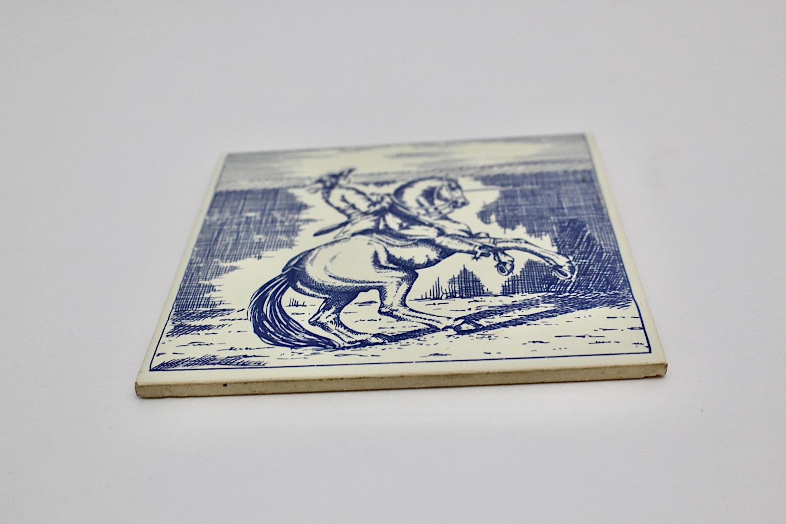 20th Century Mid-Century Modern Vintage Ceramic Tile Blue White Baroque Cavalier on Horseback For Sale
