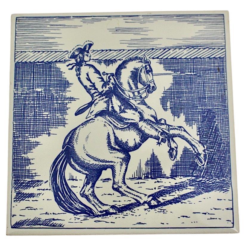Mid-Century Modern Vintage Ceramic Tile Blue White Baroque Cavalier on Horseback For Sale