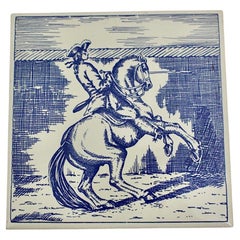 Mid-Century Modern Retro Ceramic Tile Blue White Baroque Cavalier on Horseback