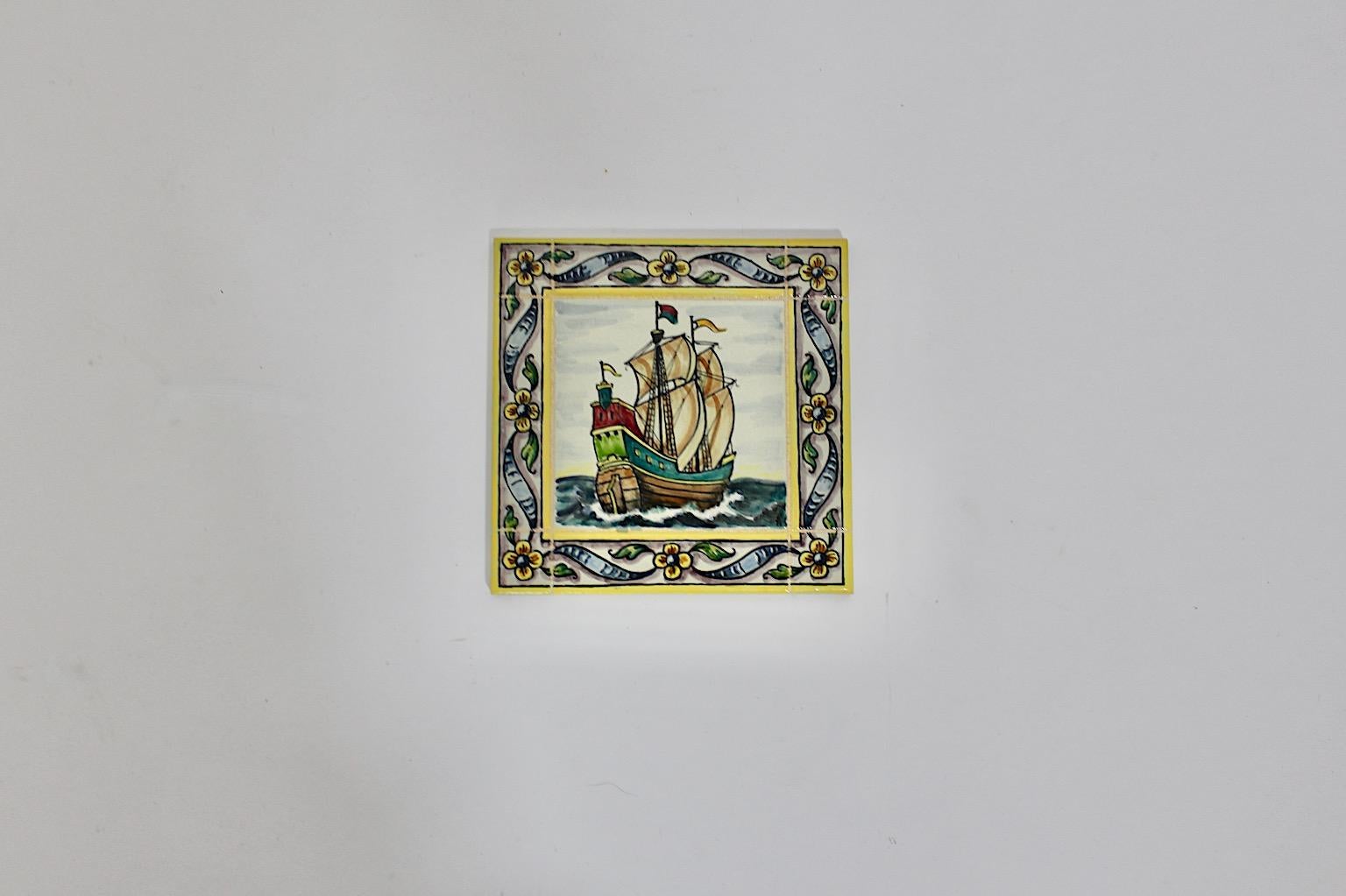 Mid-Century Modern Vintage Ceramic Tile Multicolored Sail Ship with Flowers 1960 In Good Condition For Sale In Vienna, AT