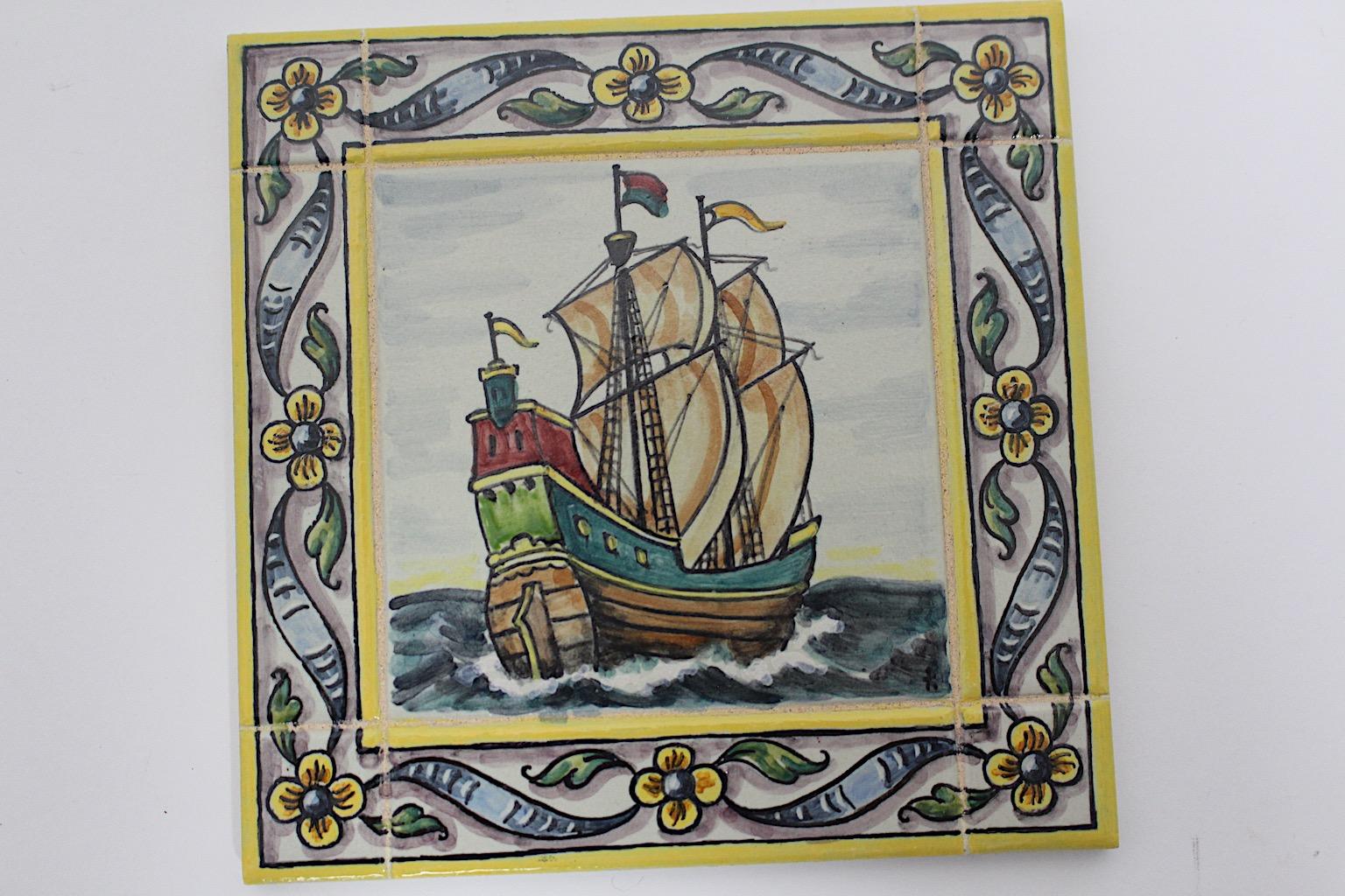 20th Century Mid-Century Modern Vintage Ceramic Tile Multicolored Sail Ship with Flowers 1960 For Sale