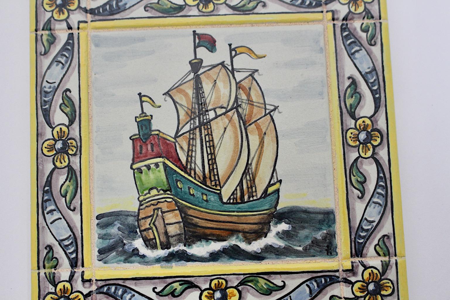 Pottery Mid-Century Modern Vintage Ceramic Tile Multicolored Sail Ship with Flowers 1960 For Sale