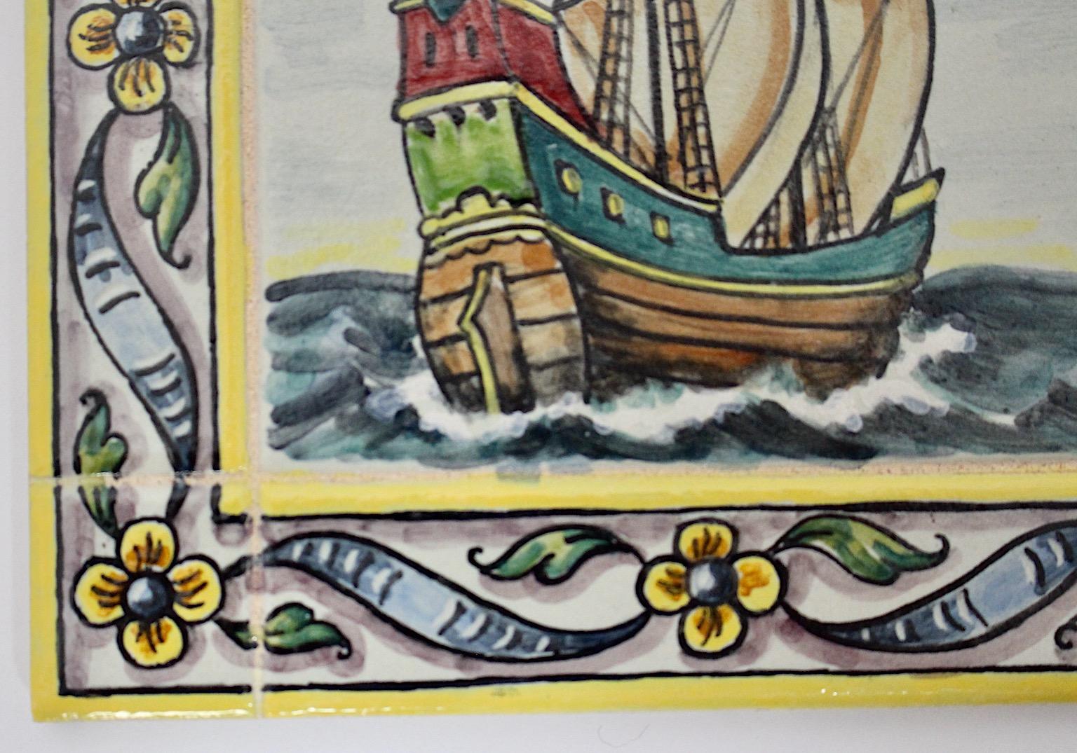 Mid-Century Modern Vintage Ceramic Tile Multicolored Sail Ship with Flowers 1960 For Sale 1