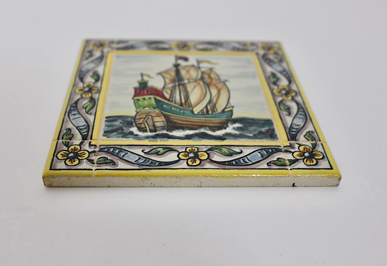 Mid-Century Modern Vintage Ceramic Tile Multicolored Sail Ship with Flowers 1960 For Sale 2