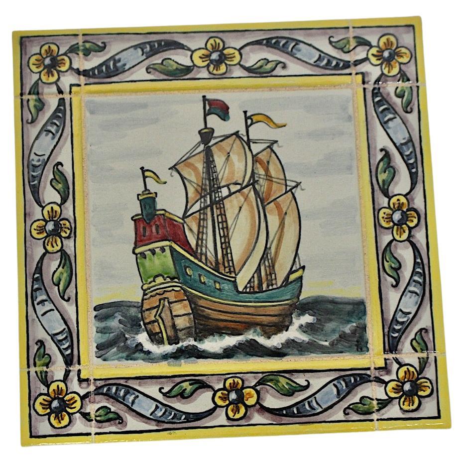 Mid-Century Modern Vintage Ceramic Tile Multicolored Sail Ship with Flowers 1960 For Sale
