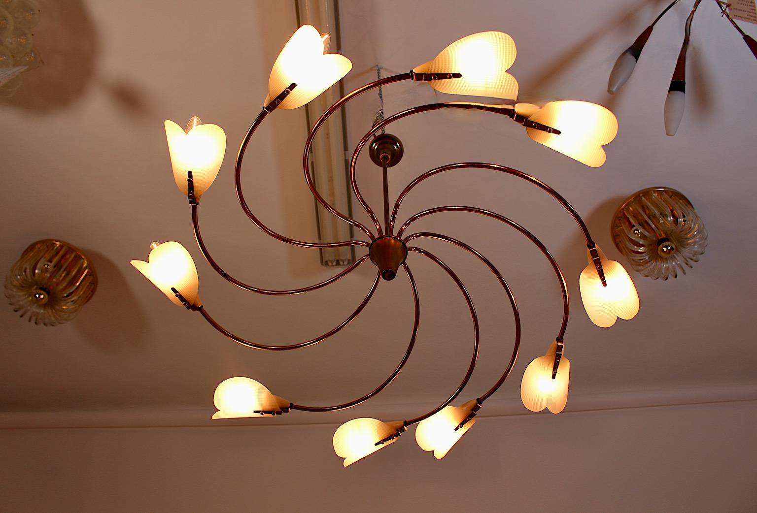 Mid Century Modern Vintage Chandelier Brass White Plastic Tornado 1950s Vienna For Sale 7