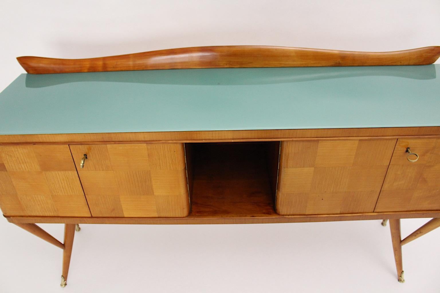Mid Century Modern Vintage Cherry Green Teal Glass Brass Sideboard 1940s Italy 3
