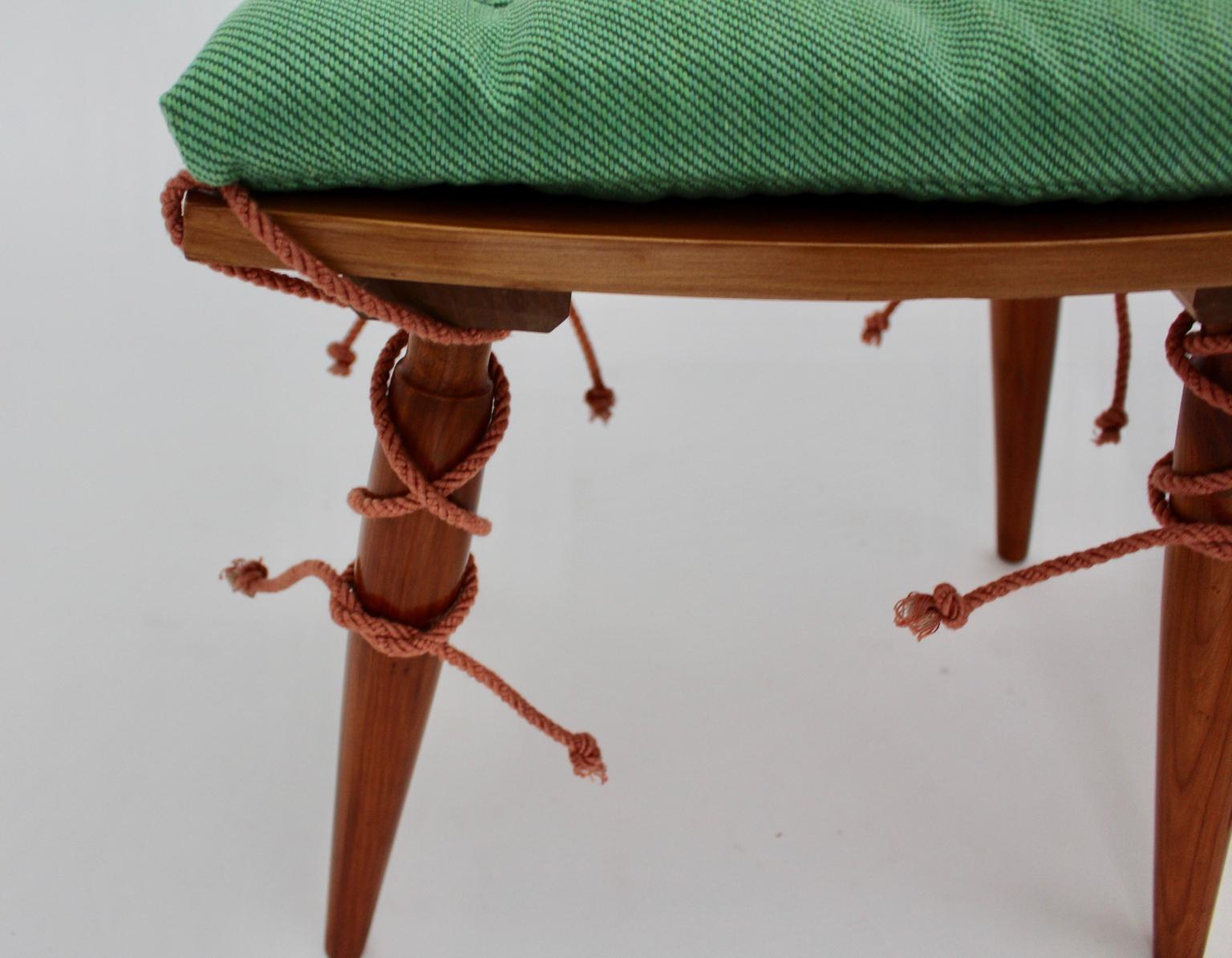 Mid-Century Modern Vintage Cherrywood Stools with Green Cushions, Vienna, 1950s For Sale 5