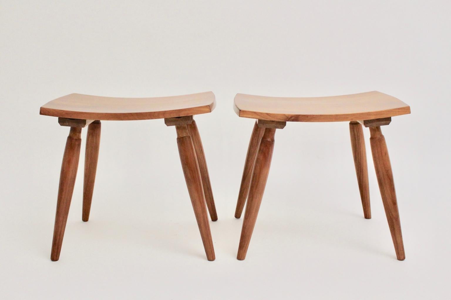 Mid-Century Modern Vintage Cherrywood Stools with Green Cushions, Vienna, 1950s For Sale 6