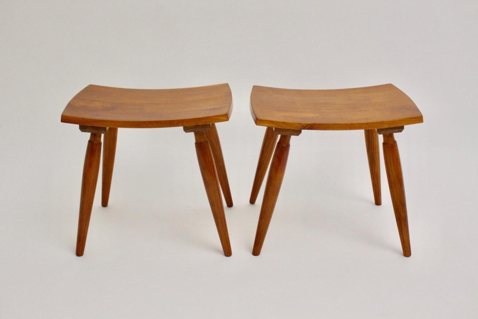 Mid-Century Modern Vintage Cherrywood Stools with Green Cushions, Vienna, 1950s For Sale 7