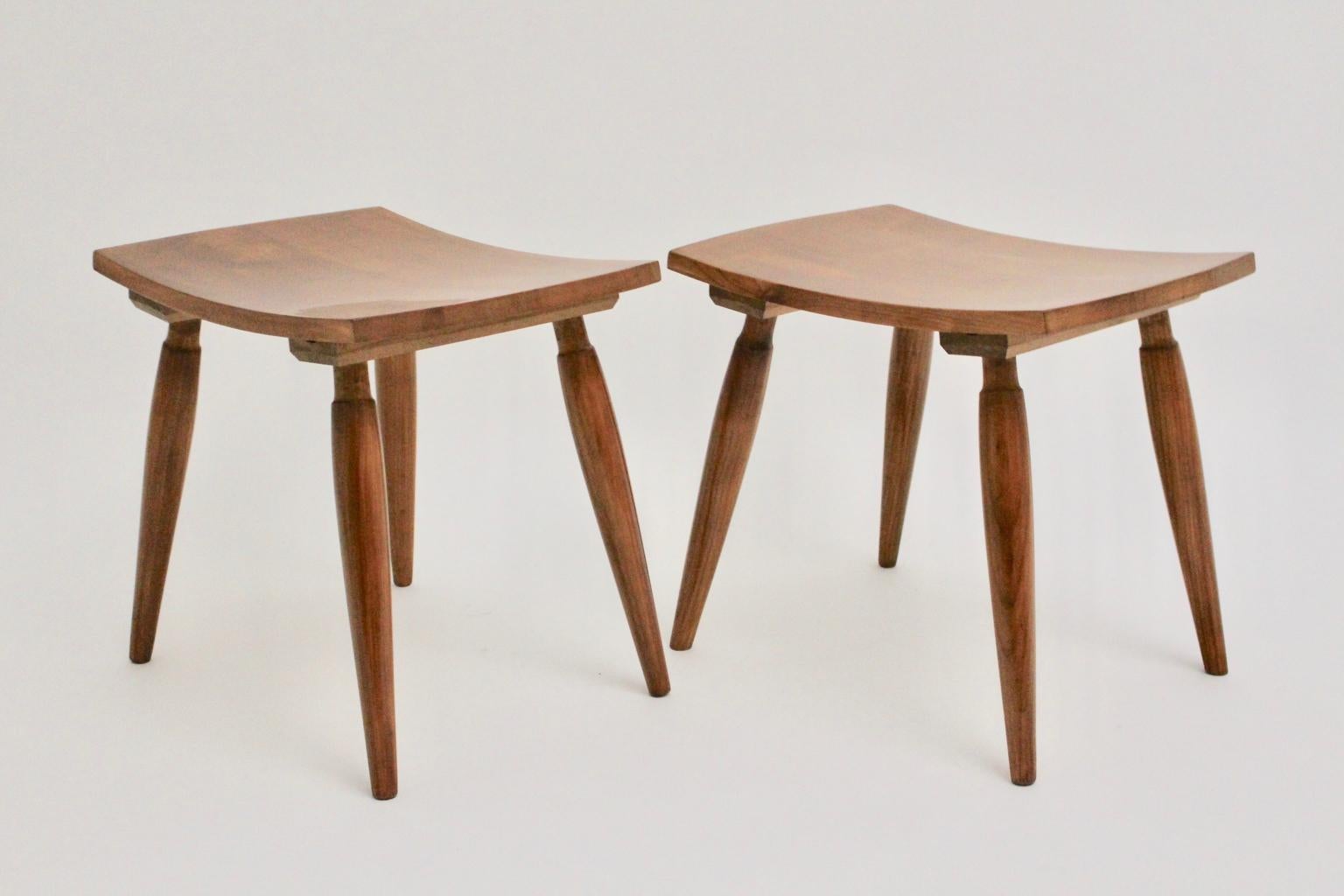 Mid-Century Modern Vintage Cherrywood Stools with Green Cushions, Vienna, 1950s For Sale 8