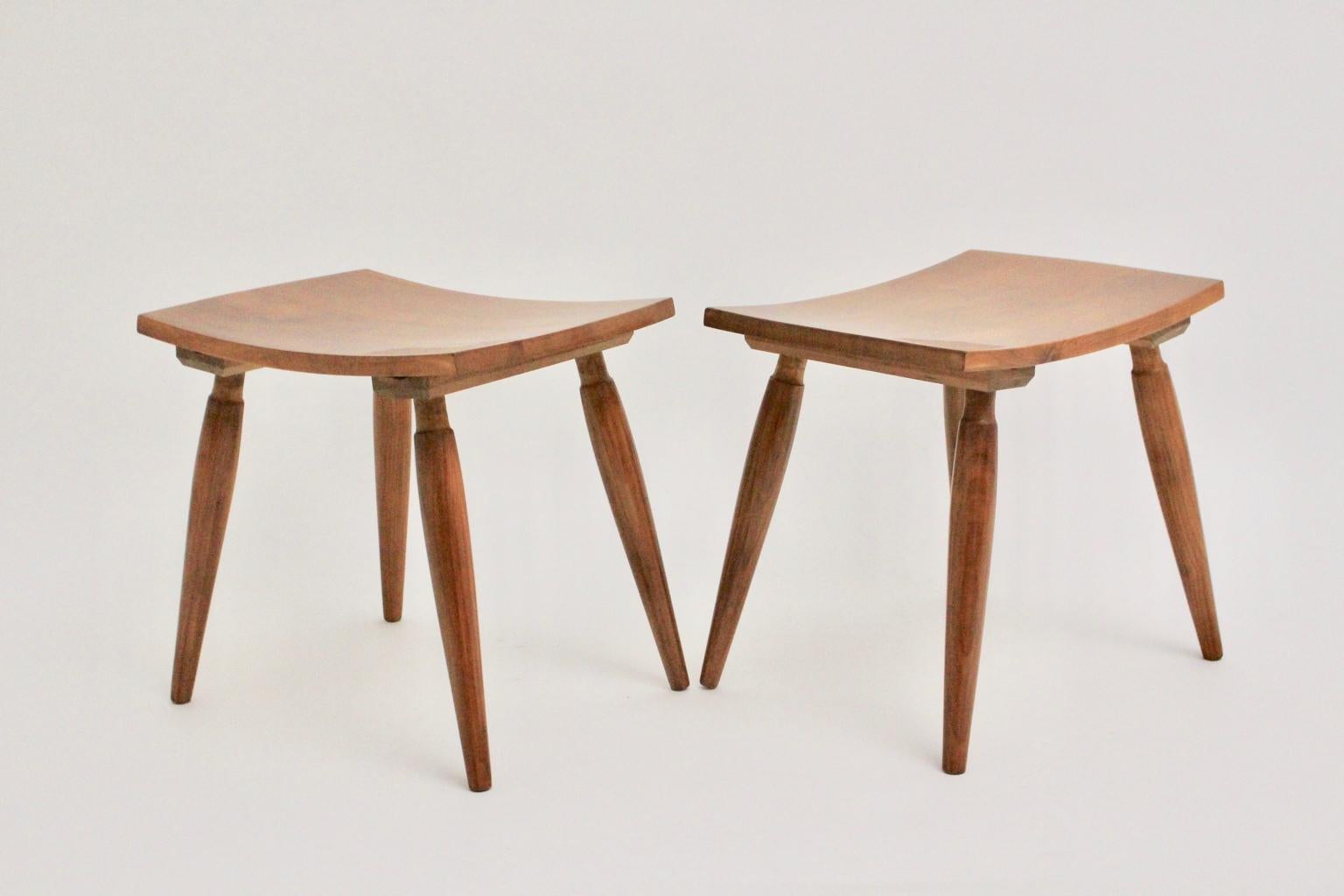 Mid-Century Modern Vintage Cherrywood Stools with Green Cushions, Vienna, 1950s For Sale 9