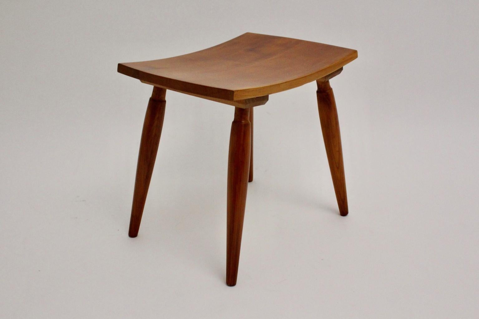 Mid-Century Modern Vintage Cherrywood Stools with Green Cushions, Vienna, 1950s For Sale 10