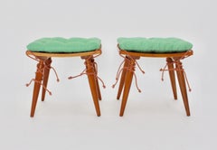 Mid-Century Modern Vintage Cherrywood Stools with Green Cushions, Vienna, 1950s