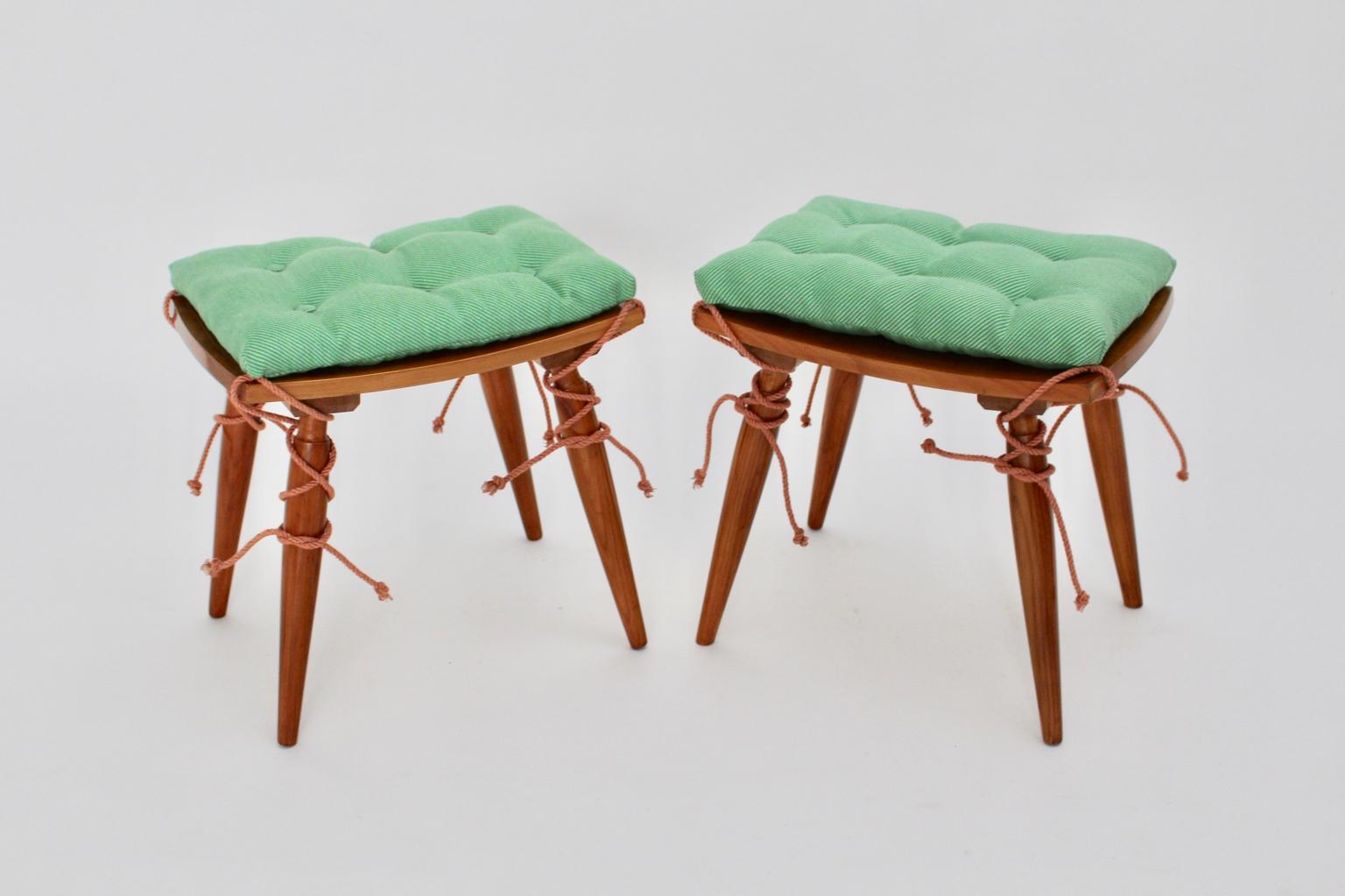 Austrian Mid-Century Modern Vintage Cherrywood Stools with Green Cushions, Vienna, 1950s For Sale