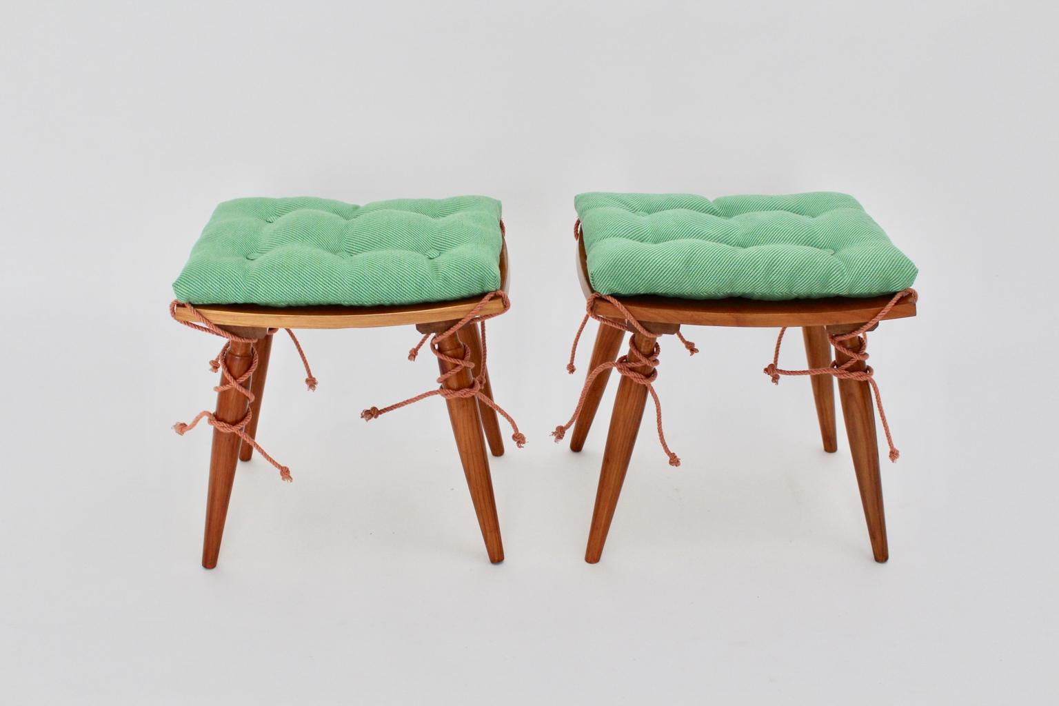 20th Century Mid-Century Modern Vintage Cherrywood Stools with Green Cushions, Vienna, 1950s For Sale