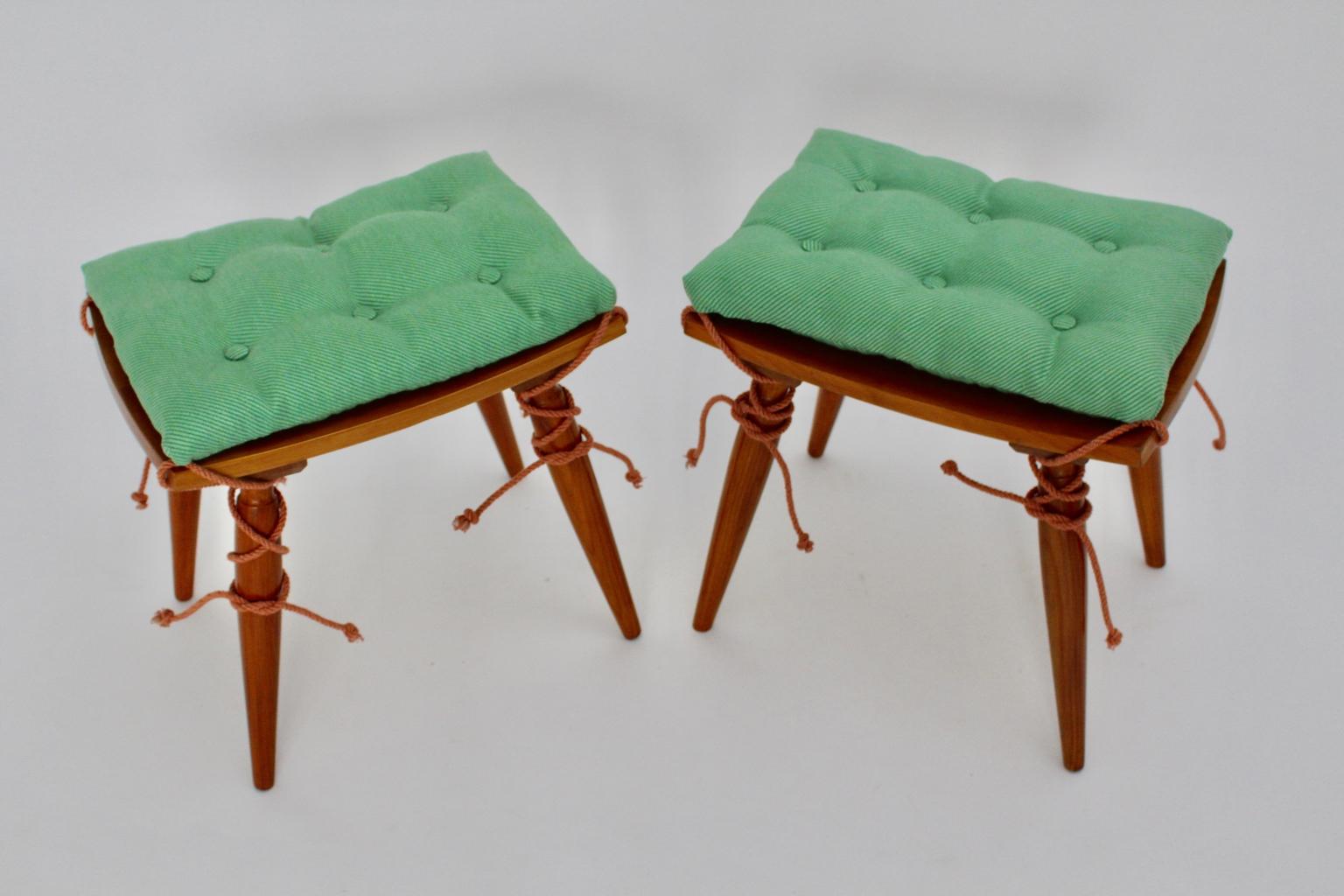 Fabric Mid-Century Modern Vintage Cherrywood Stools with Green Cushions, Vienna, 1950s For Sale