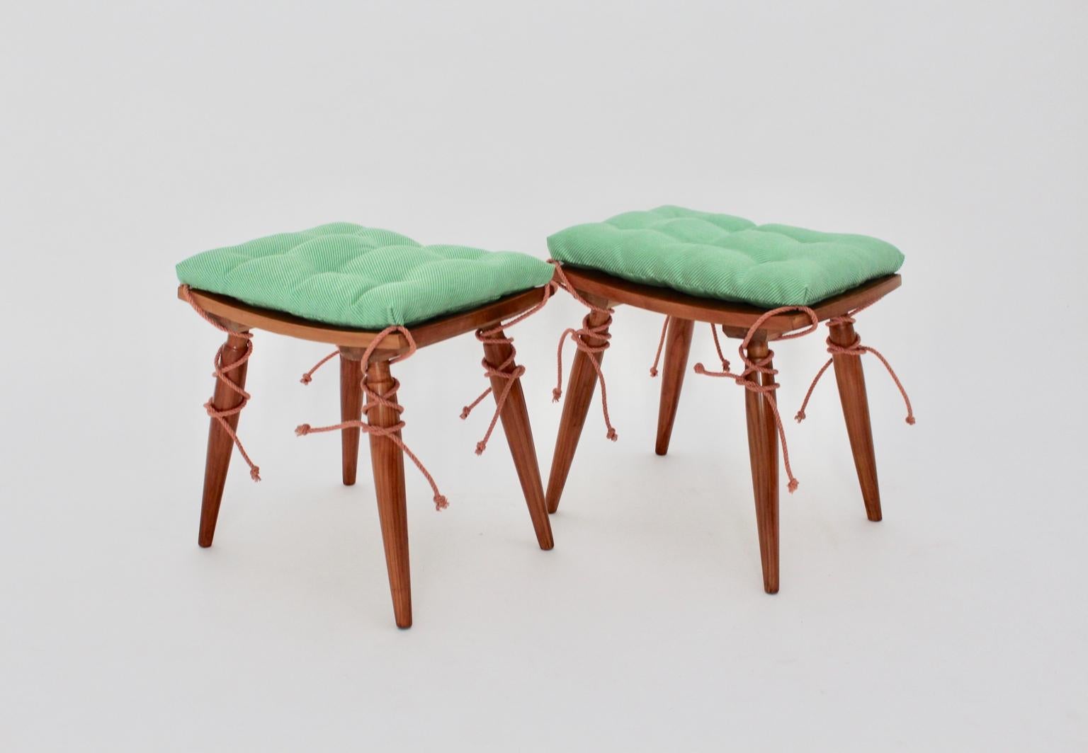 Mid-Century Modern Vintage Cherrywood Stools with Green Cushions, Vienna, 1950s For Sale 1