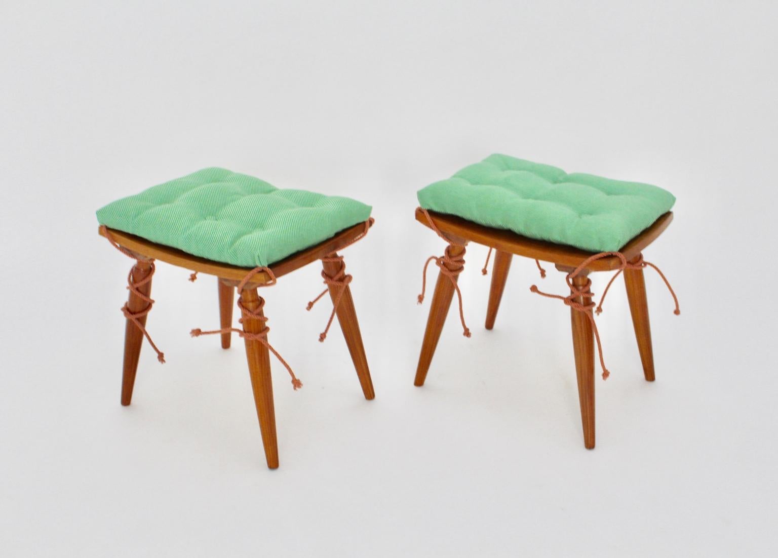 Mid-Century Modern Vintage Cherrywood Stools with Green Cushions, Vienna, 1950s For Sale 2