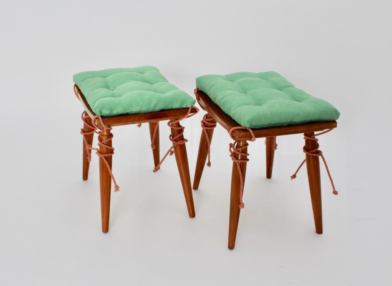 Mid-Century Modern Vintage Cherrywood Stools with Green Cushions, Vienna, 1950s For Sale 3